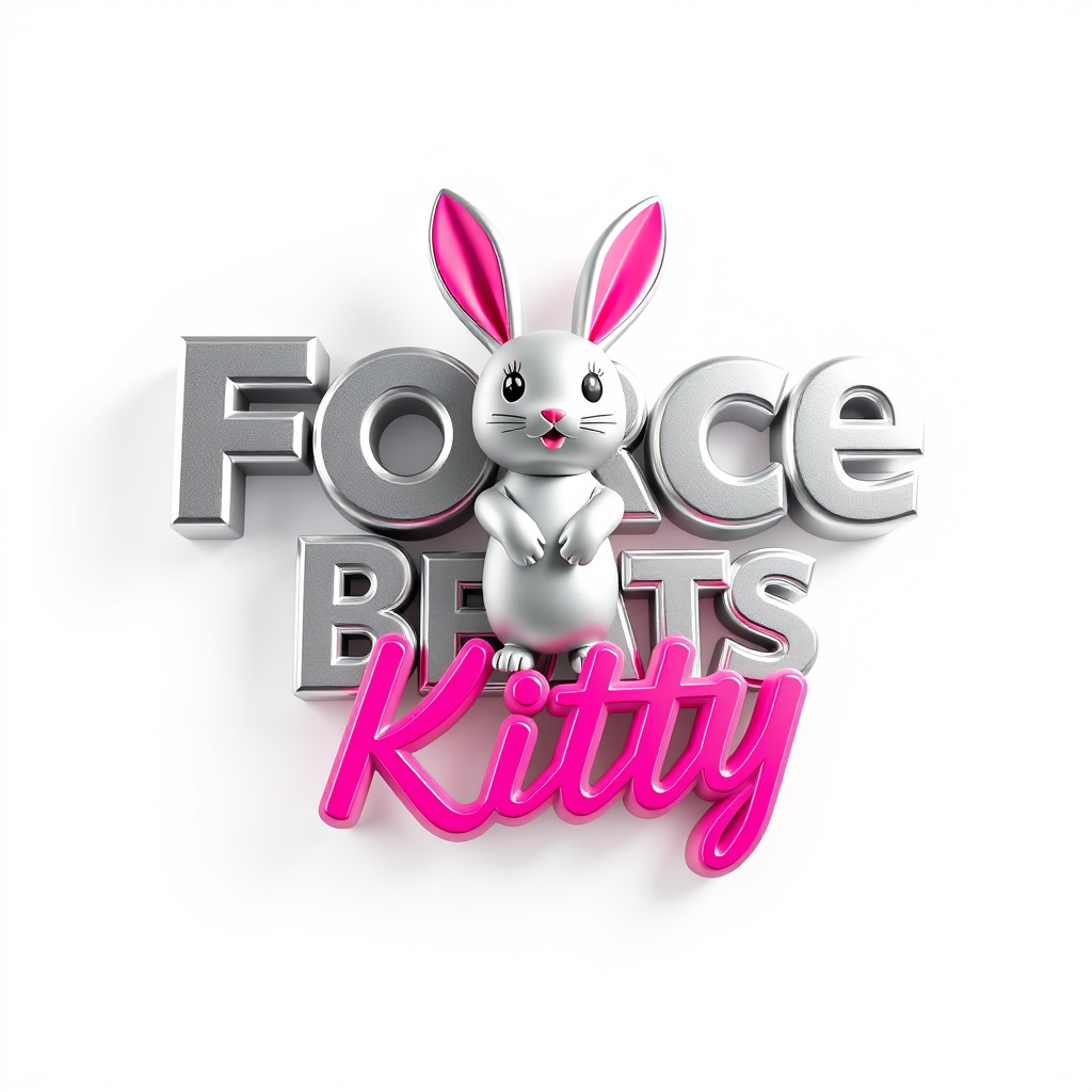 3D Logo idea: 3D logo for Create a sliver and pink logo, 3D text effect With force beats by kitty with a standing bunny on it , three-dimensional render, realistic 