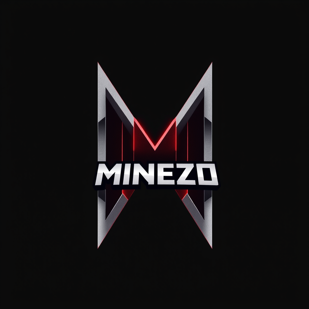 Main logo studio: Dark premium gaming avatar for a Minecraft brand called “Minezo”. Feature a bold pixel-art letter “M” as the main symbol. Nearly black charcoal backgr