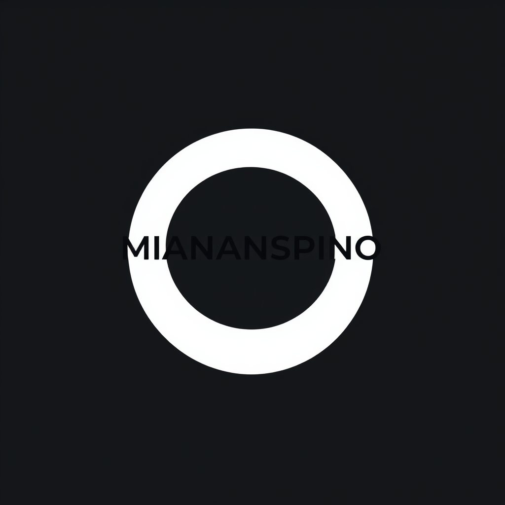 Main logo studio: a tech logo for a brand called MIANANSPINO who make video games and short films. represented by a minimalist but but not just a white circle white bla