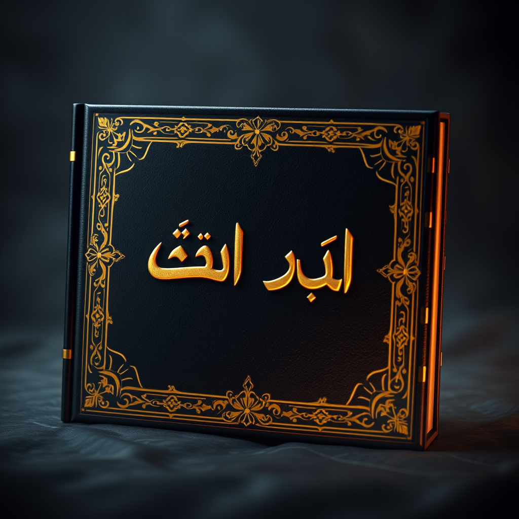 Main logo studio: A luxurious mysterious storybook with a black leather cover, elegant golden Arabic ornaments, dramatic cinematic lighting, premium fantasy style, high
