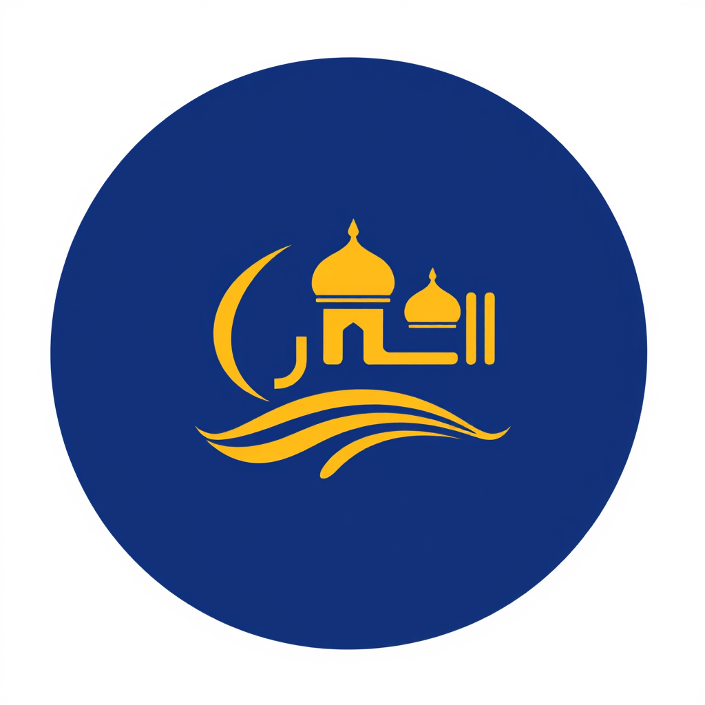 Main logo studio: blue and amber gold as the primary colors. Design a minimalist, elegant logo that combines a real estate symbol with a distinctive Arabic-inspired vis