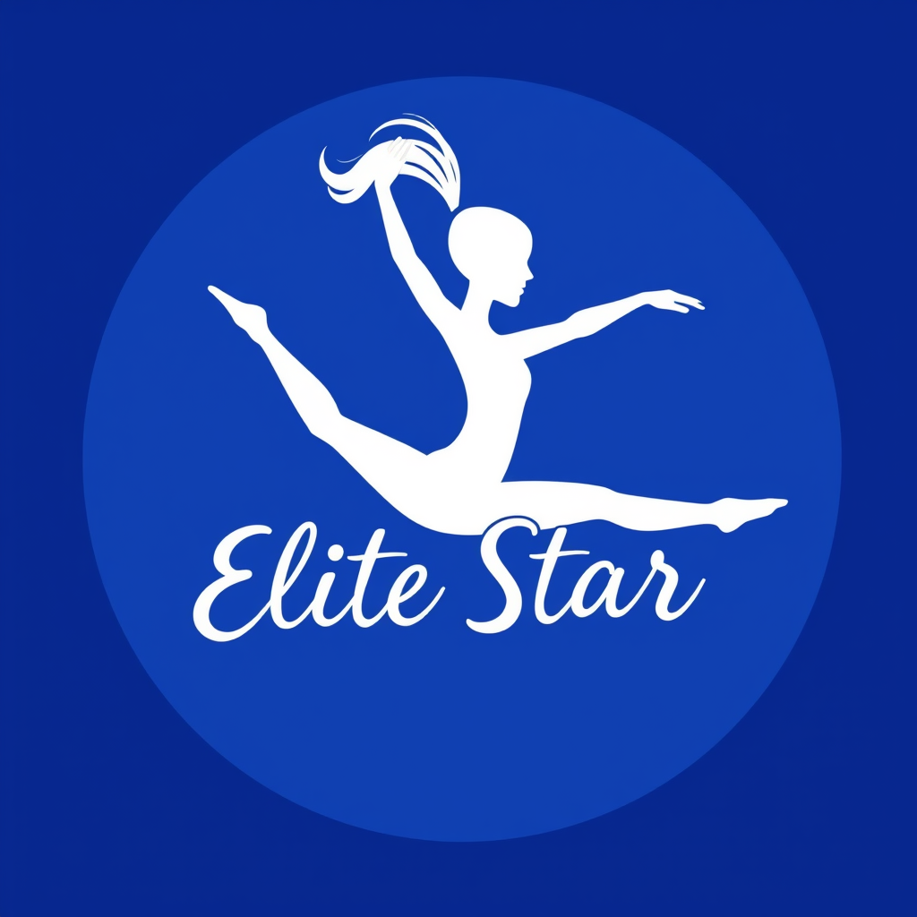 Main logo studio: make a blue circle bbackround with a white figure in the middle with a ponytail jhair style gliding from her head and she is doing a split leap with o