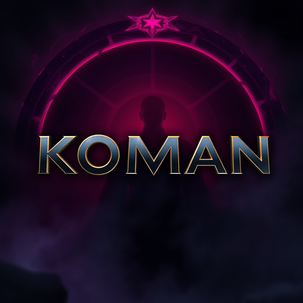 Main logo studio: Create a premium cinematic Kick banner for a League of Legends streamer named “KOMAN”. Serious, chill and mysterious atmosphere. Deep black and graphi