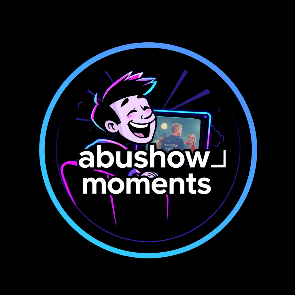 Main logo studio: Create a premium TikTok profile logo for the account "abushow_moments". Design a stylish circular emblem with a cinematic comedy theme, featuring a co
