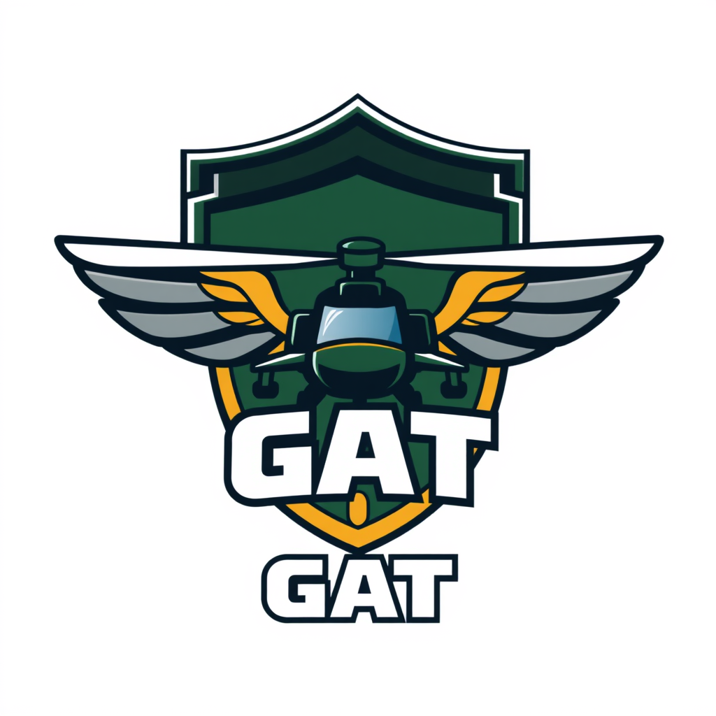 Main logo studio: Cartoon Roblox-style emblem logo for “GAT — Grupamento Aerotático do Exército”, square 1:1 composition, bold clean outlines, stylized military aviatio