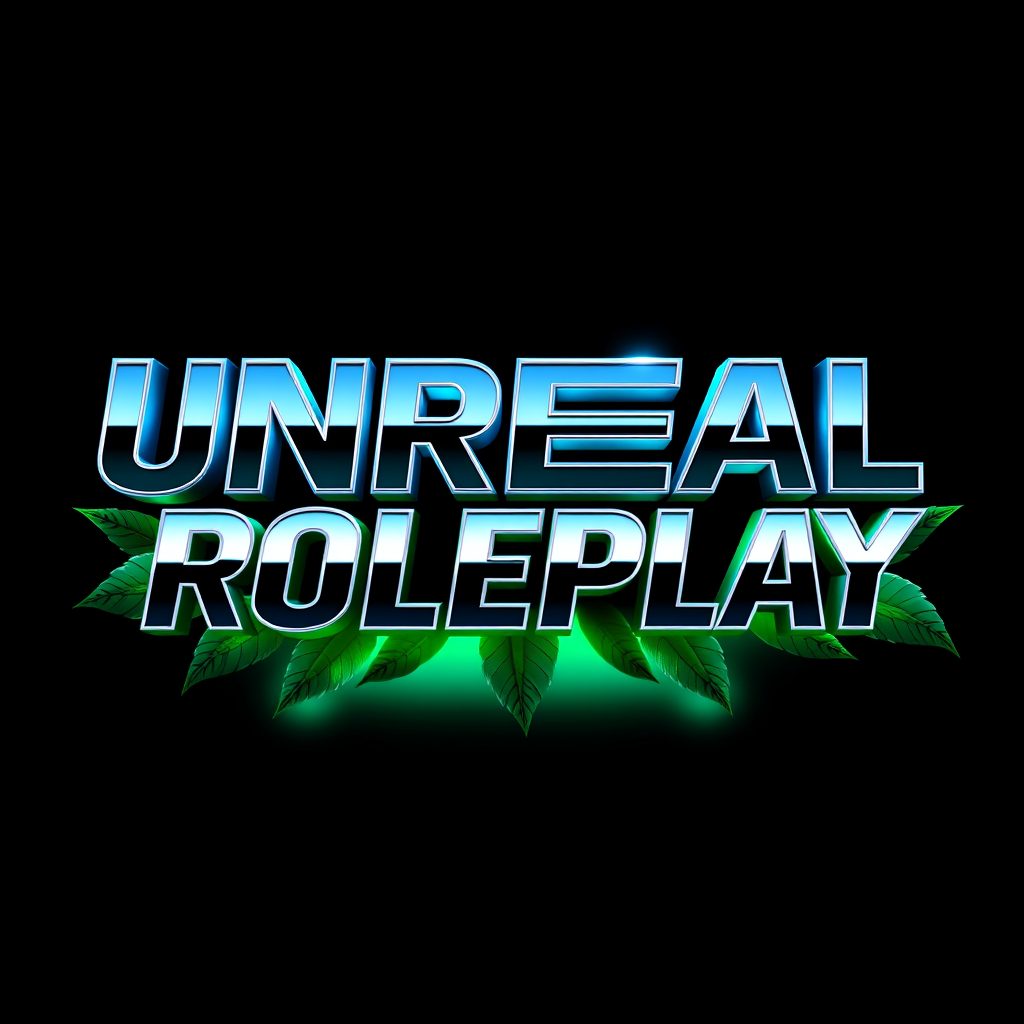 Main logo studio: Create a premium FiveM GTA RP logo with ONLY the exact text “UNREAL ROLEPLAY”. Bold futuristic 3D chrome lettering, metallic silver with glossy blue/c