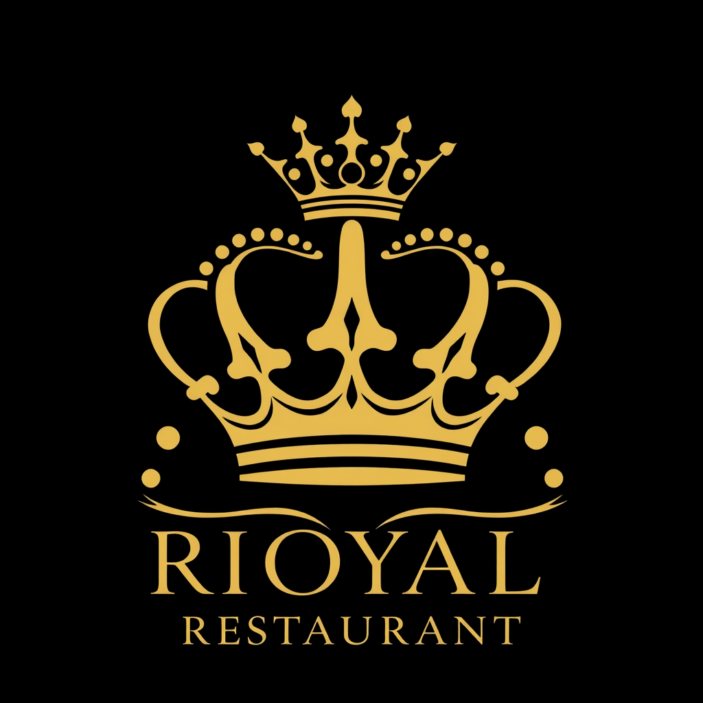 Main logo studio: ROYAL RESTAURANT, elegant royal crown, luxury fine dining, black and champagne gold, premium hotel branding, sophisticated serif logo