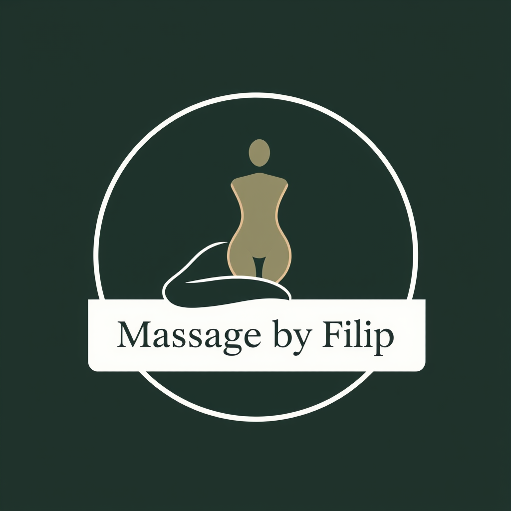 Main logo studio: Business name: Massage by Filip Industry: Health / Wellness / Massage Style: Minimalist, modern, professional Colors: dark green / beige / black / whi