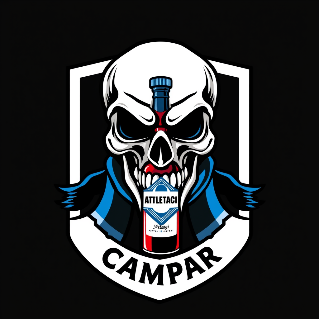 Main logo studio: Football team crest for “ATLETICO CAMPARI”, aggressive stylized skull wearing a football scarf, small Campari bottle integrated into the emblem, domin