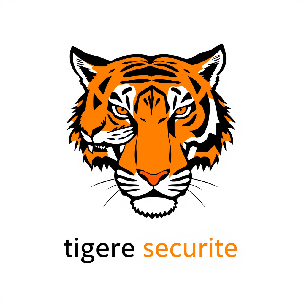 Main logo studio: logo de tigre sur fonds blanc avec couleur orange ; ecrit "tigre securite" en dessous tigre plus réel lettre capitales meme image mais juste la tete, 