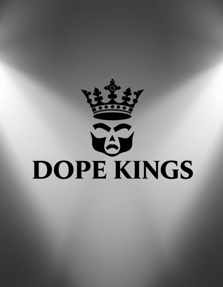 Main logo studio: my brand name is DOPEKINGS all black make sure it has a crown on the top of the word