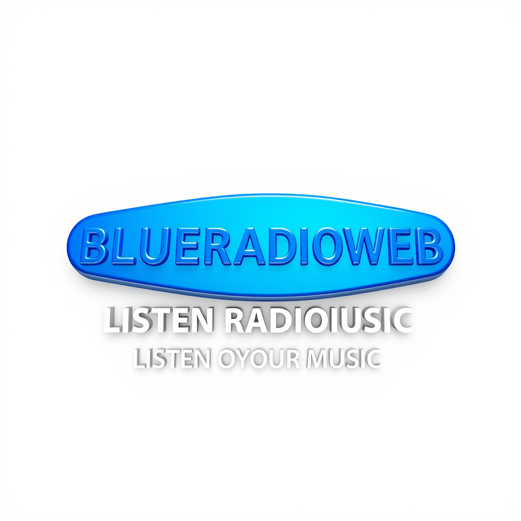 3D Logo idea: 3D logo for Générer un logo radio 3D BLUERADIOWEB écrit en blanc dans un fond de couleur bleu clair et foncé avec le slogan LISTEN TO YOUR MUSIC écrit