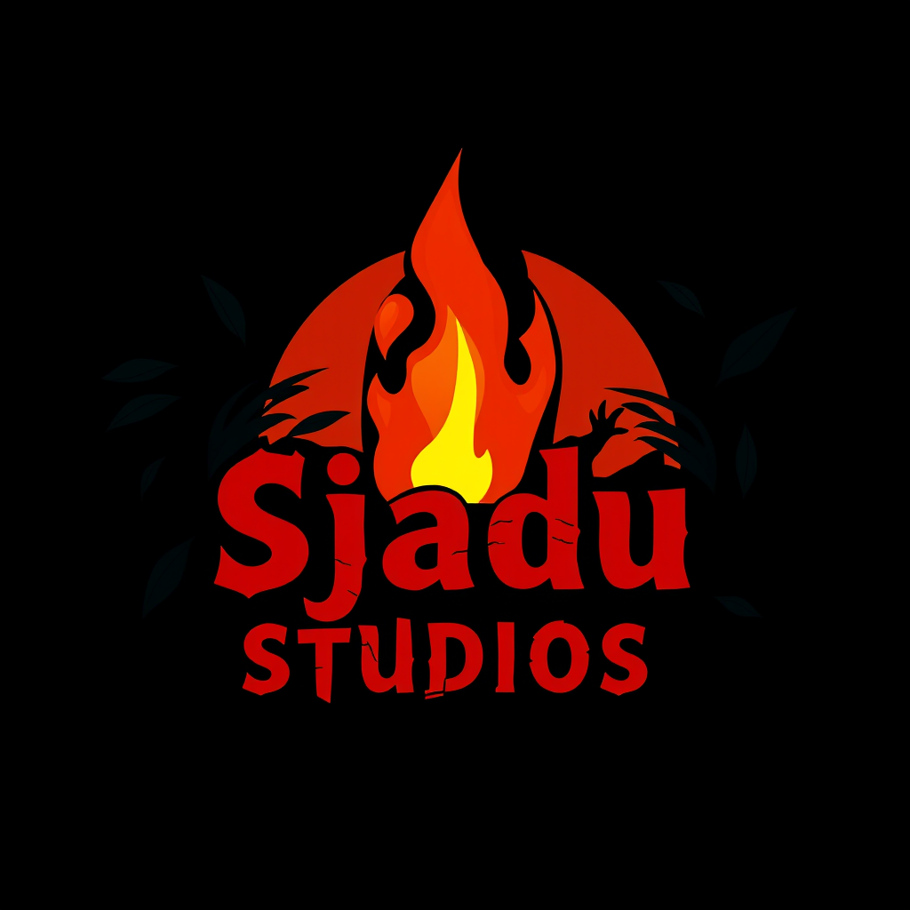 Main logo studio: A striking logo for 'Sjadu Studios'. A glowing burnt orange campfire against a pitch-black background, framed by dark green jungle foliage silhouettes