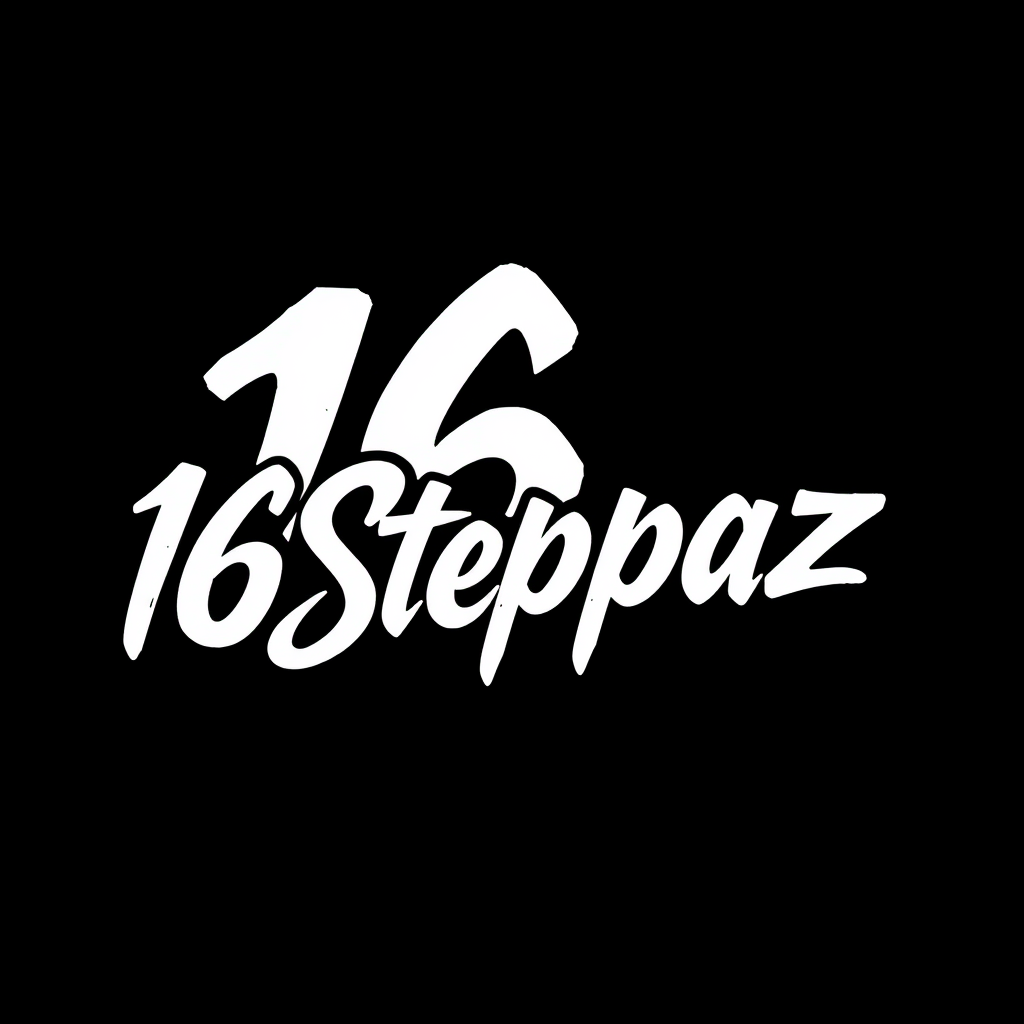 Main logo studio: Authentic American street crew logo for “16Steppaz”. Solid black background with bold white lettering. Raw, human-designed look inspired by undergroun