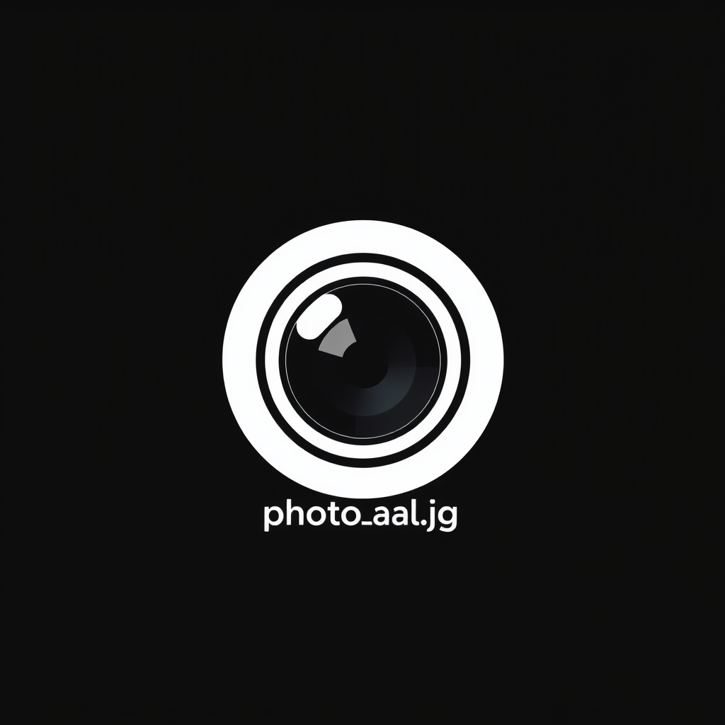 Minimalist Logo idea: minimalist logo, simple geometric mark for Minimal round white camera lens, 2 clean rings, black background, no camera body. MUST include the exact te