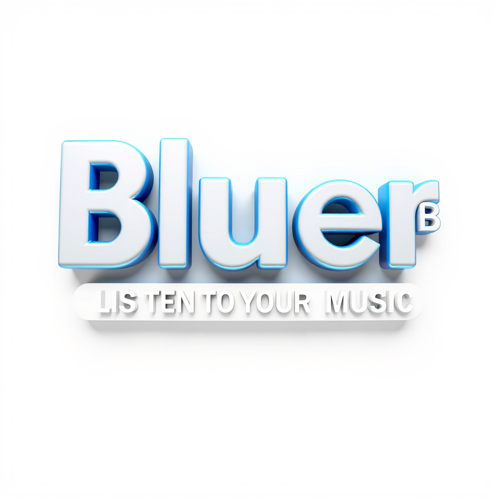 3D Logo idea: 3D logo for Générer un logo radio 3D au nom de BLUERADIOWEB écrit en blanc dans un fond de couleur bleu foncé avec le slogan LISTEN TO YOUR MUSIC écri