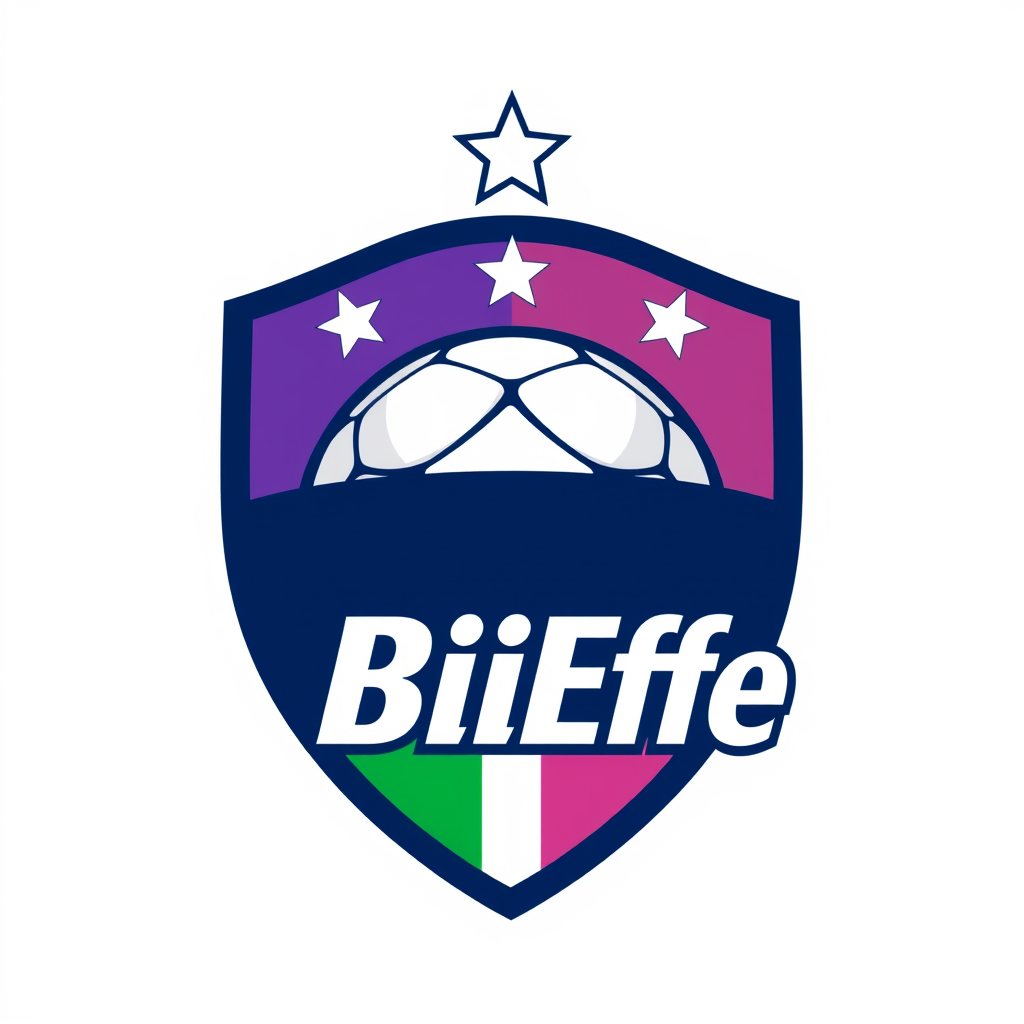 Main logo studio: Ricrea un logo calcio professionale uguale nella composizione: scudo verticale con bordo spesso blu navy, metà sinistra verde e metà destra viola. In 