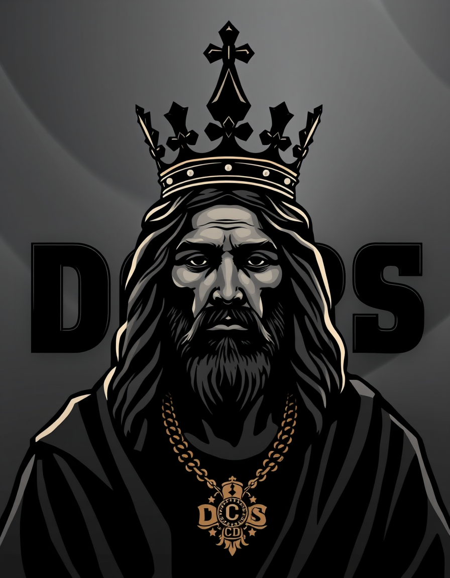 Main logo studio: my brand name is DOPEKINGS all black make sure it has a crown on the top of the word verical with jessus face after the king