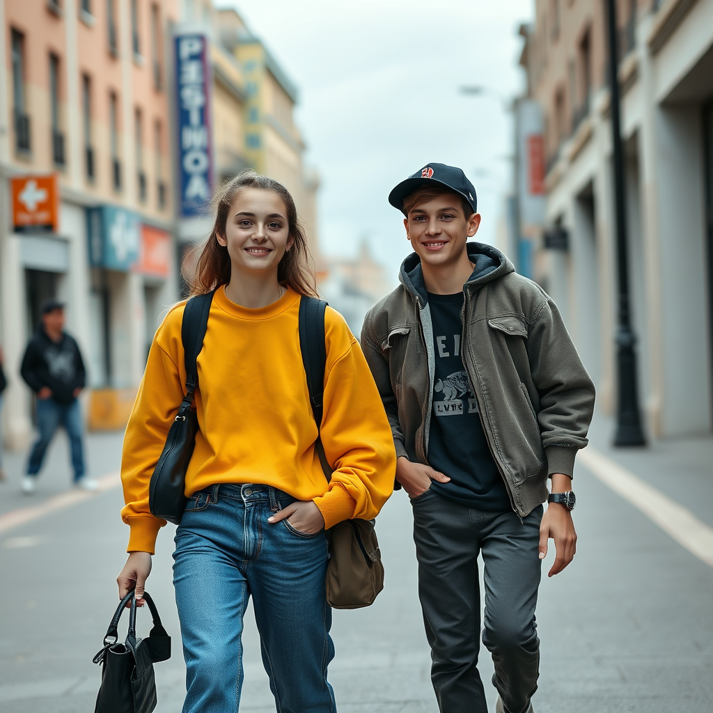 Main logo studio: a group of girl & boy teenager wearing very comfortable street style clothes in a street walking