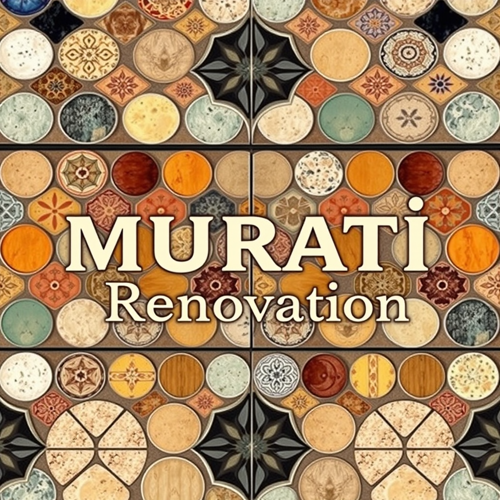 Main logo studio: Entreprise de carrelage , LOGO "MURATI Rénovation" en lettres dorées sur fond de mosaïque de carreaux octogonaux multicolores