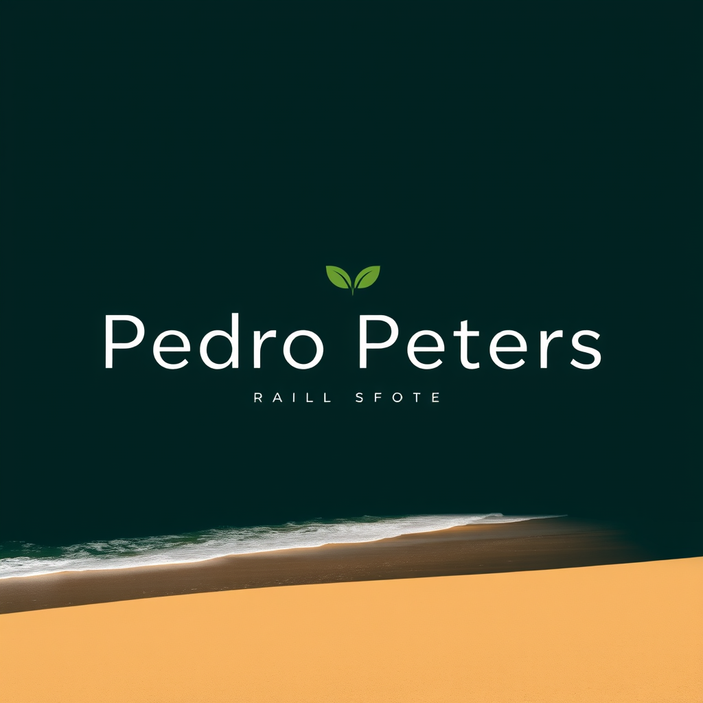 Main logo studio: Minimalist professional logo for a landscape photographer named Pedro Peters, inspired by rainforests and beaches, deep forest green and warm sand col