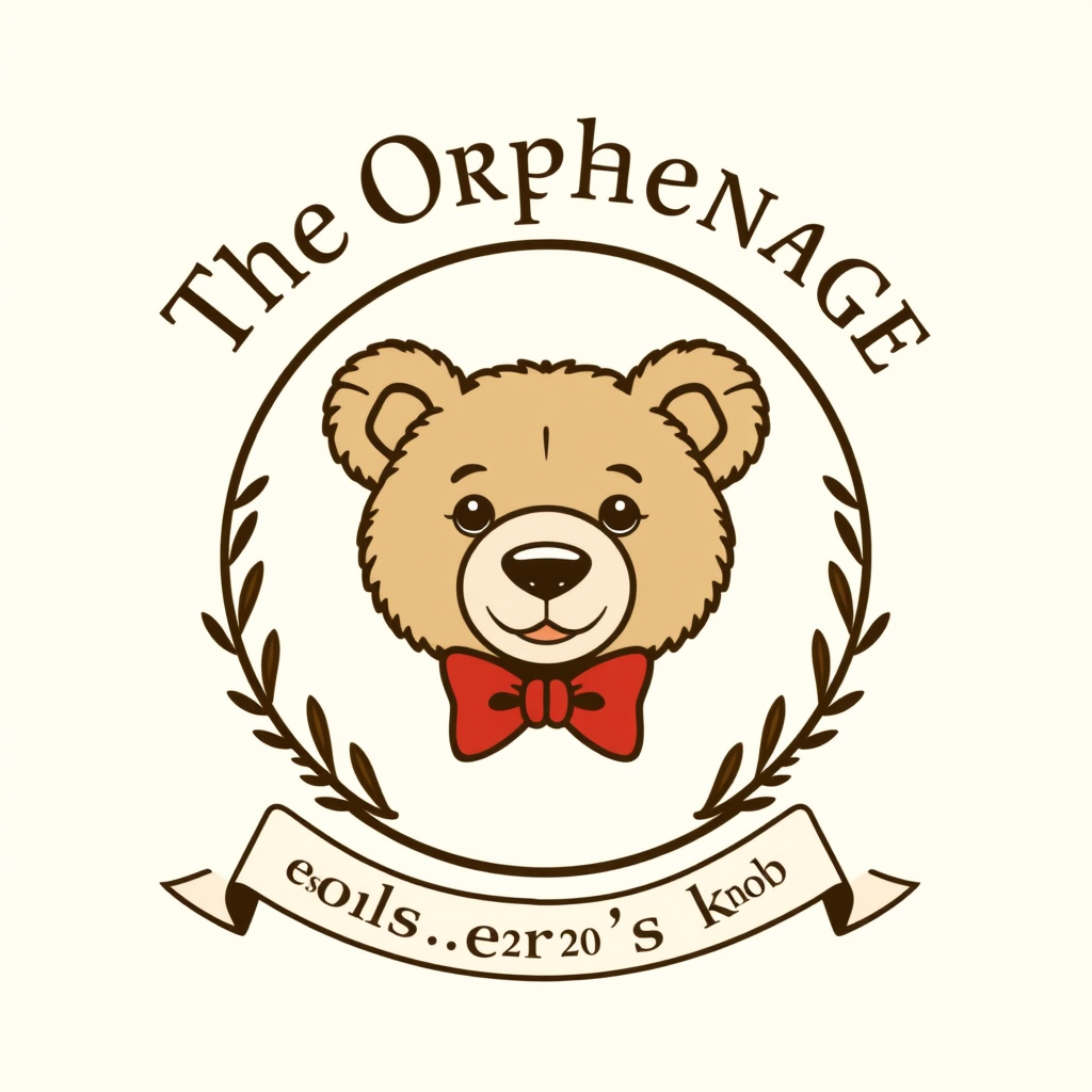 Main logo studio: a circular crest with a light tan teddys bear's face and red bow tie in the center. Arch "The Orphanage" over the top and "Gobbler's Knob" across the
