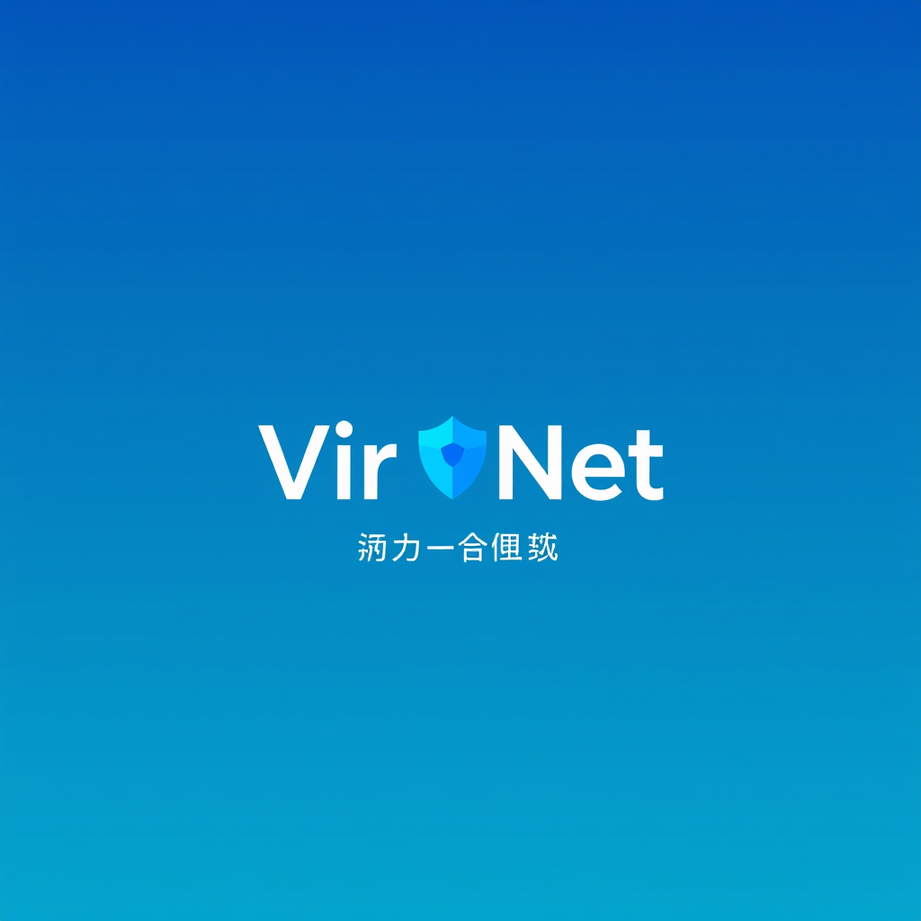 Main logo studio: ViraNet | ویرانت — VPN service. Modern, professional and minimal. Blue and white colors. A simple shield or network symbol. Clean and trustworthy des
