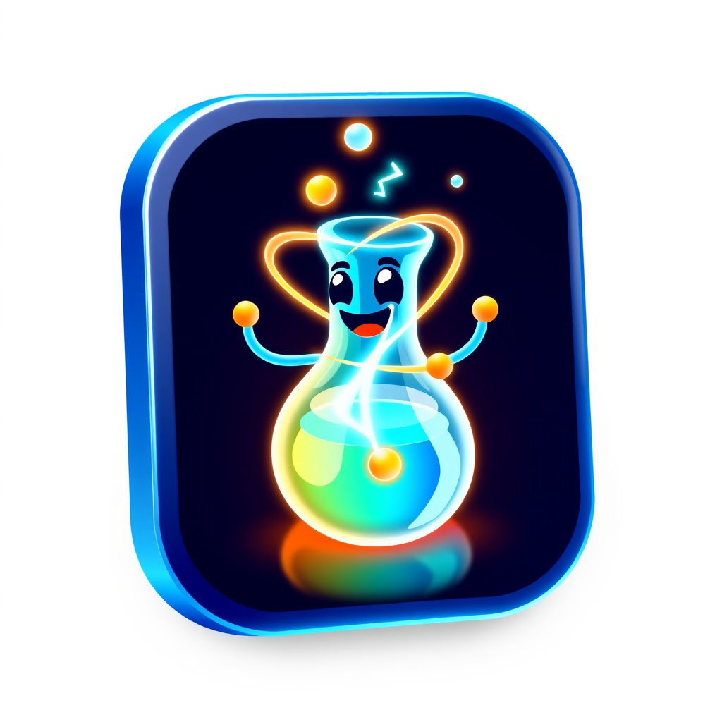 Main logo studio: Vibrant and friendly app logo for a student chemistry game. An energetic glowing atom character with orbiting electron particles forming a playful lig