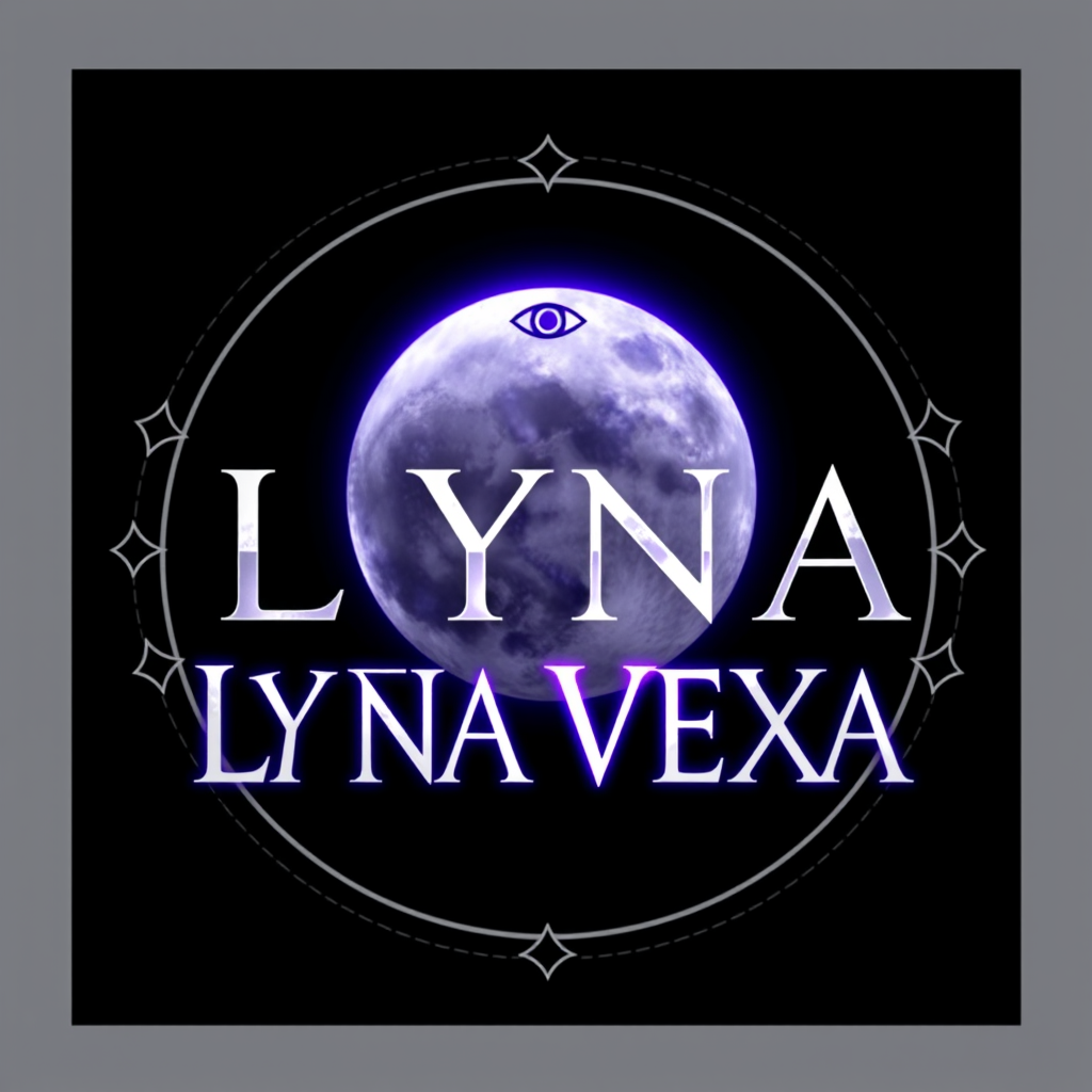 Main logo studio: LYNA VEXA, mystical cosmic luxury logo, luminous full moon with a subtle third eye, black background, silver lettering, deep violet glow, feminine, my