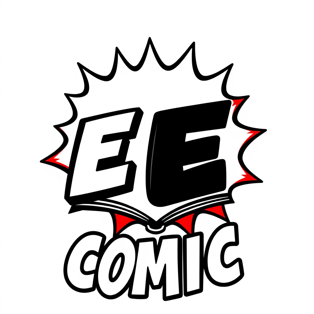 Main logo studio: a comic logo called e comics with a comic book with black white and red coloured theme