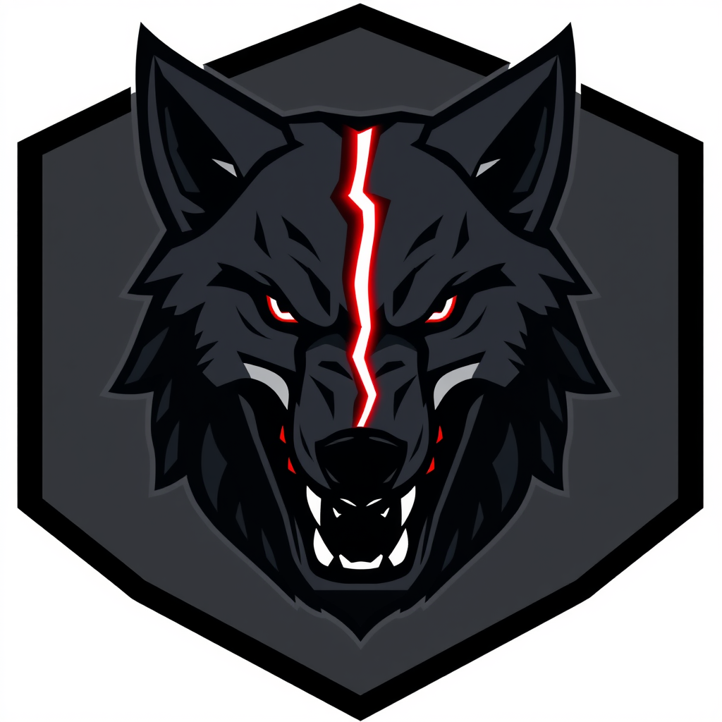 Main logo studio: Esports logo, front-facing symmetrical wolf head, mouth open snarling with sharp fangs, angular geometric fur lines. Head split by a jagged vertical r