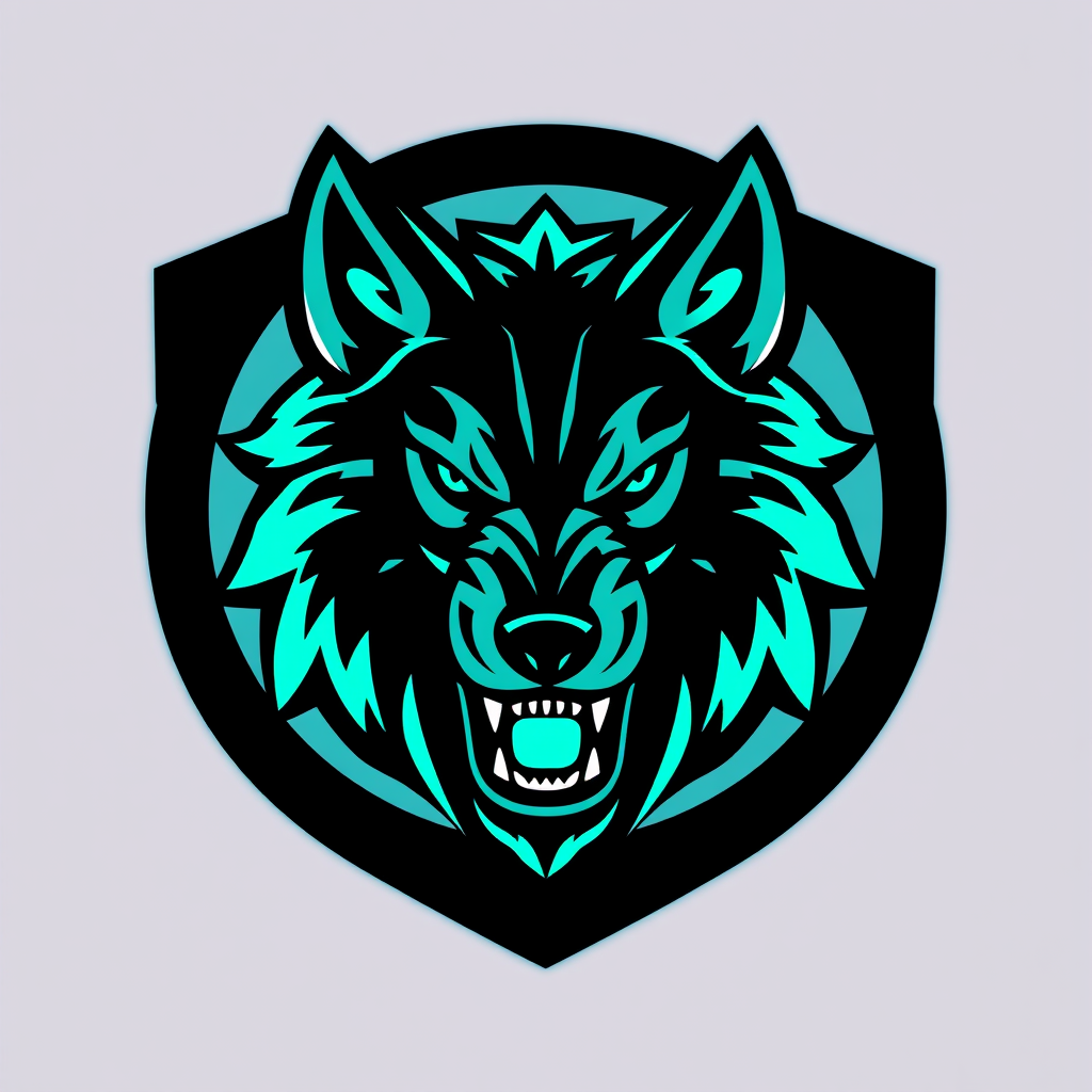 Main logo studio: bold esports team emblem logo, a roaring wolf head, black and neon teal