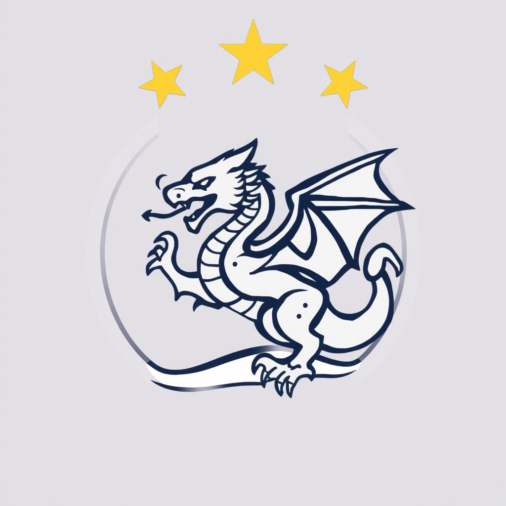 Main logo studio: Logo de club de football avec un dragon au centre et un écusson exagonal qui l'entoure, puis 4 étoiles de coupe du monde en couleur Or au dessus