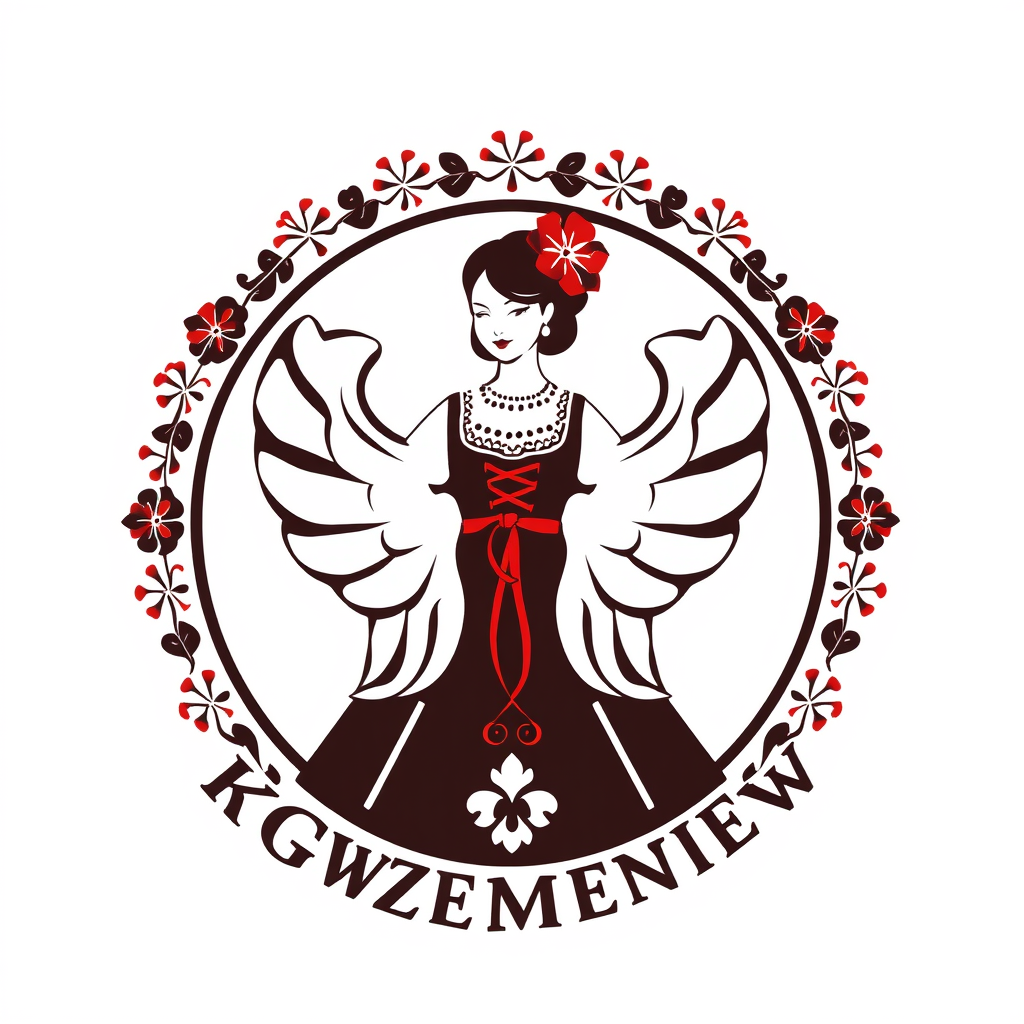 Main logo studio: Stwórz kolorowe, radosne logo na białym tle dla „KGW Krzemieniew”. Polski folklor inspirowany wzorami łowickimi. Uwzględnij czerwone róże i zielone li
