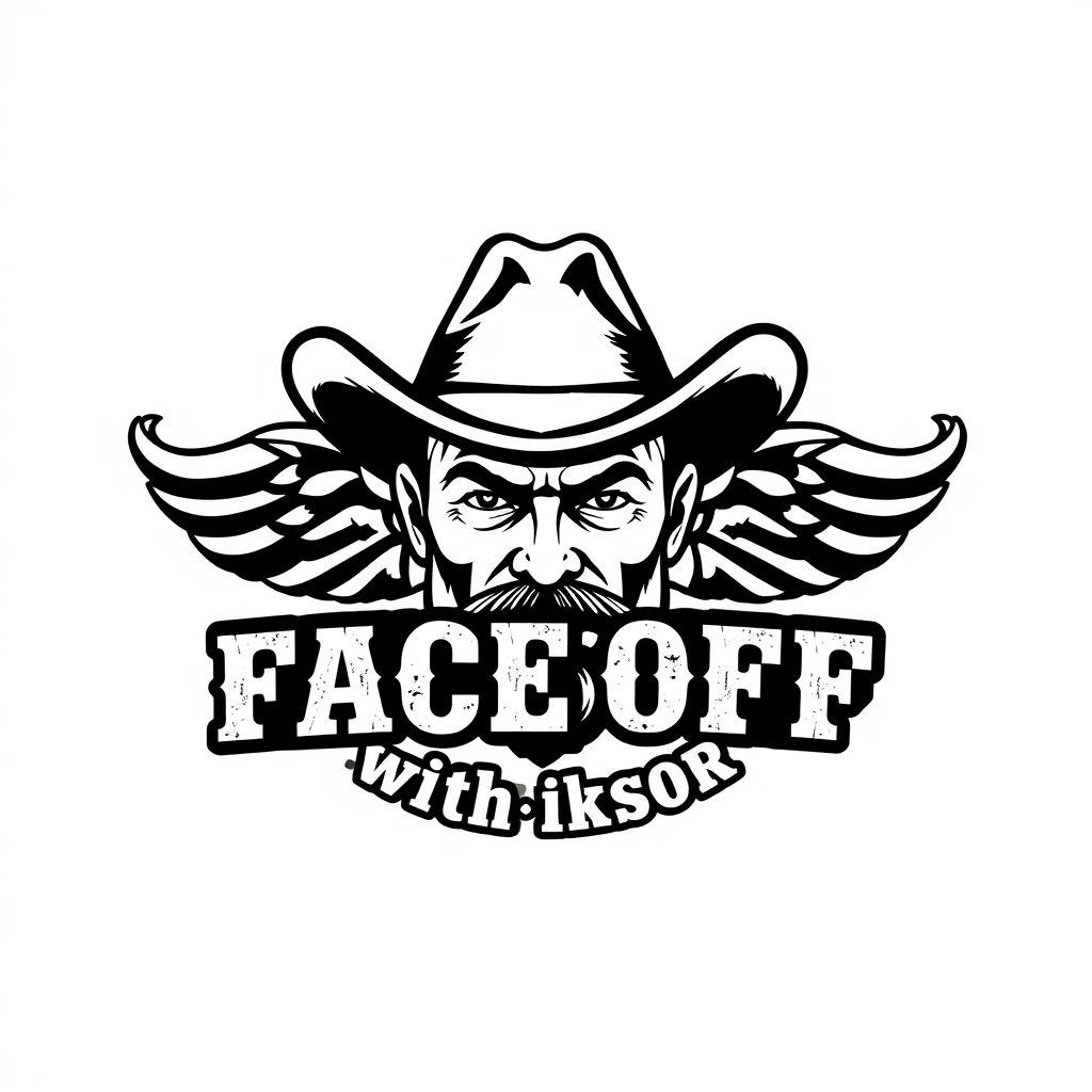Vintage Logo idea: vintage retro logo for "Face Off with Iksor" With hollywood western style. For a vintage comic book. Without any human head on it. Not black and white