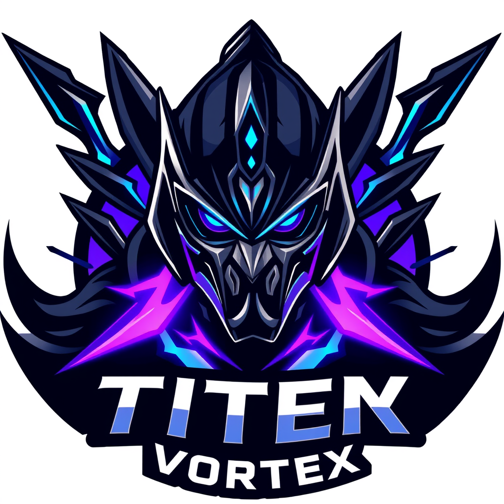 Main logo studio: Design a legendary premium esports logo for “TITEN VORTEX”. Create a unique futuristic warrior wearing an original high-tech mask, surrounded by a dra