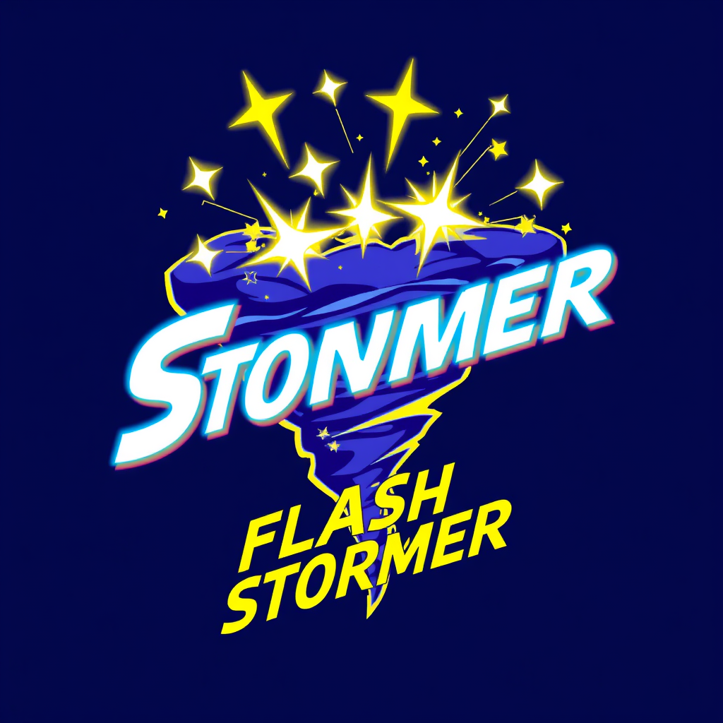 Main logo studio: flash stormer aufschrift drei farbig lila neongelb dunkelblau tornado bestehend aus blitzen mehr blau ohne sterne mit mehr blitzen flash stormer aufsc