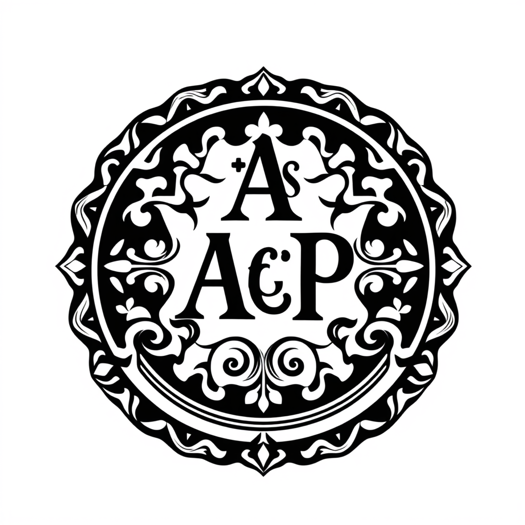 Emblem Logo idea: emblem logo of As letras A;C;P Juntas dentro de um círculo , intricate crest seal badge design, symmetrical emblem, detailed border ornament, flat vec