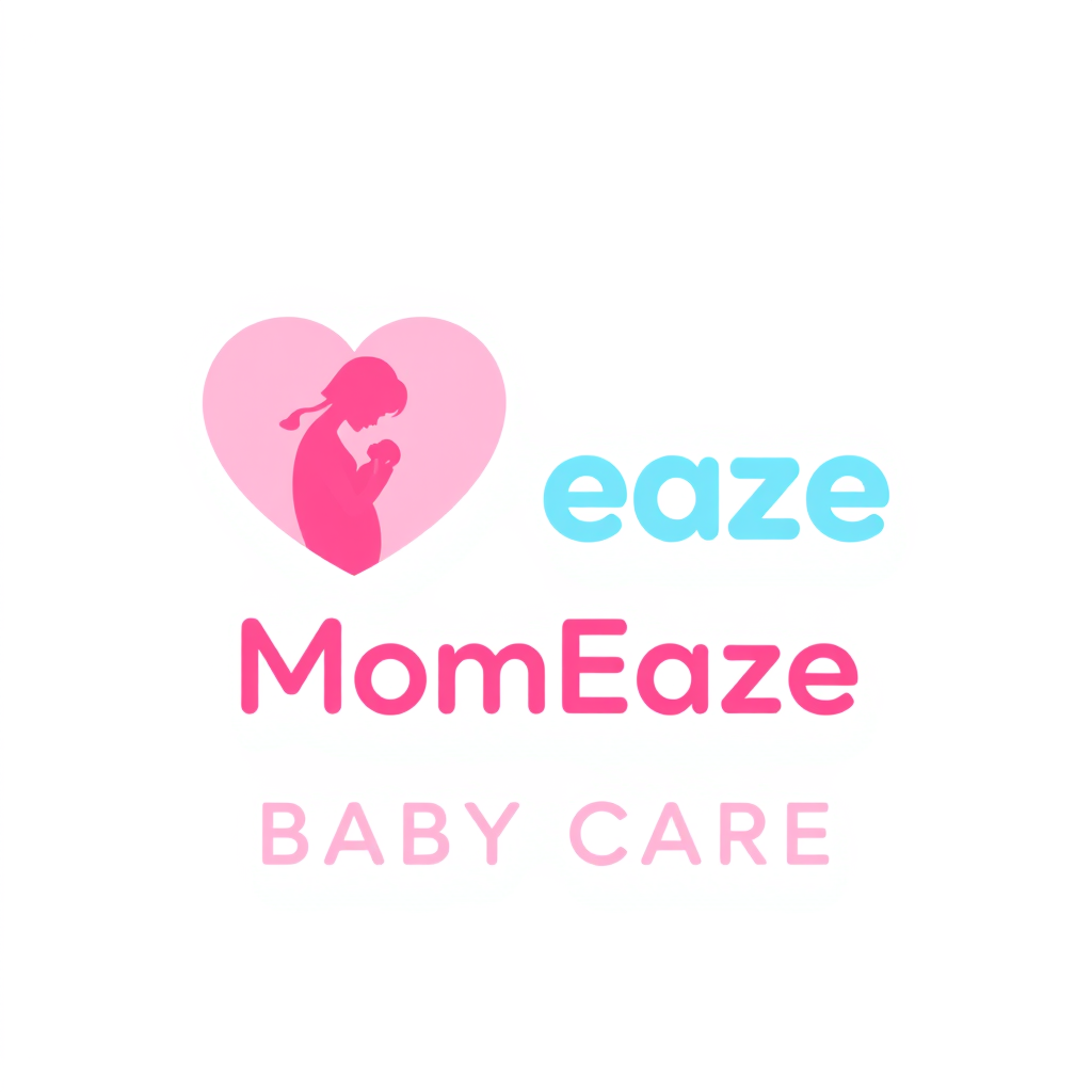 Wordmark Logo idea: wordmark logo of Flat vector logo for baby care brand 'MomEaze'. Icon: heart-shaped silhouette containing a mother holding baby silhouette, gradient b
