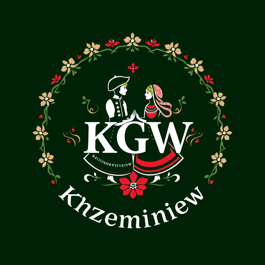 Main logo studio: Stwórz kolorowe, radosne logo dla „KGW Krzemieniew”. Polski folklor inspirowany wzorami łowickimi: barwne kwiaty, czerwone róże, zielone listki, ludow
