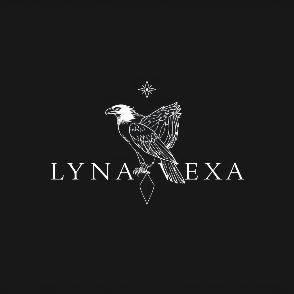 Main logo studio: Black background, LYNA VEXA in thin elegant white letters. A majestic condor as the main symbol, representing love and spiritual wisdom, with a mystic