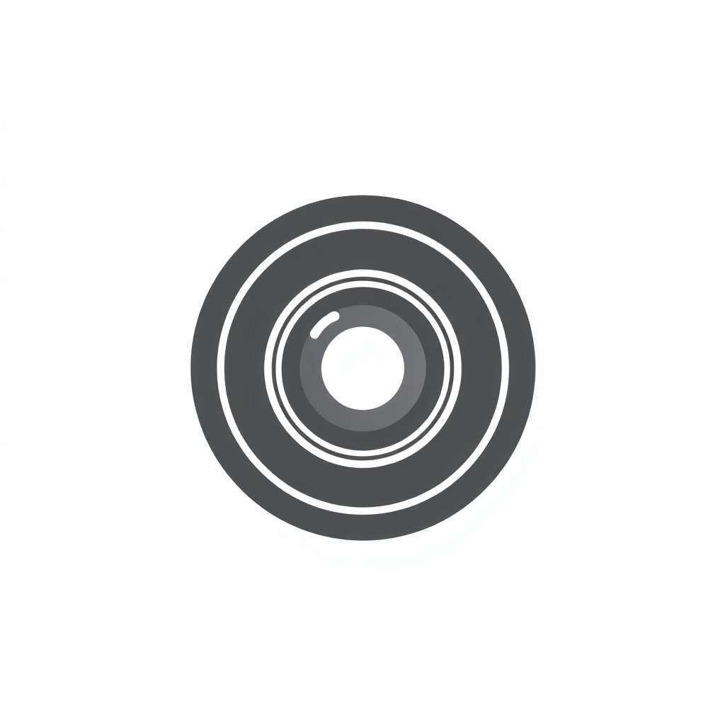 Minimalist Logo idea: minimalist logo, simple geometric mark for Minimal round white camera lens, no camera body. Black background, few thin lens rings and subtle technical