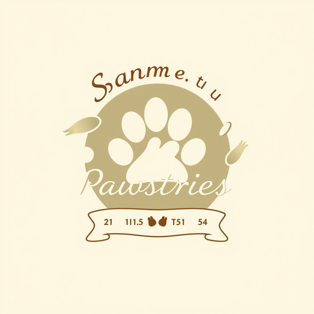 Main logo studio: Create a cozy, sophisticated bakery logo for “Sam’s Pawstries.” Combine a simple dog paw with a pastry/cupcake, subtly blended into one icon. Use eleg