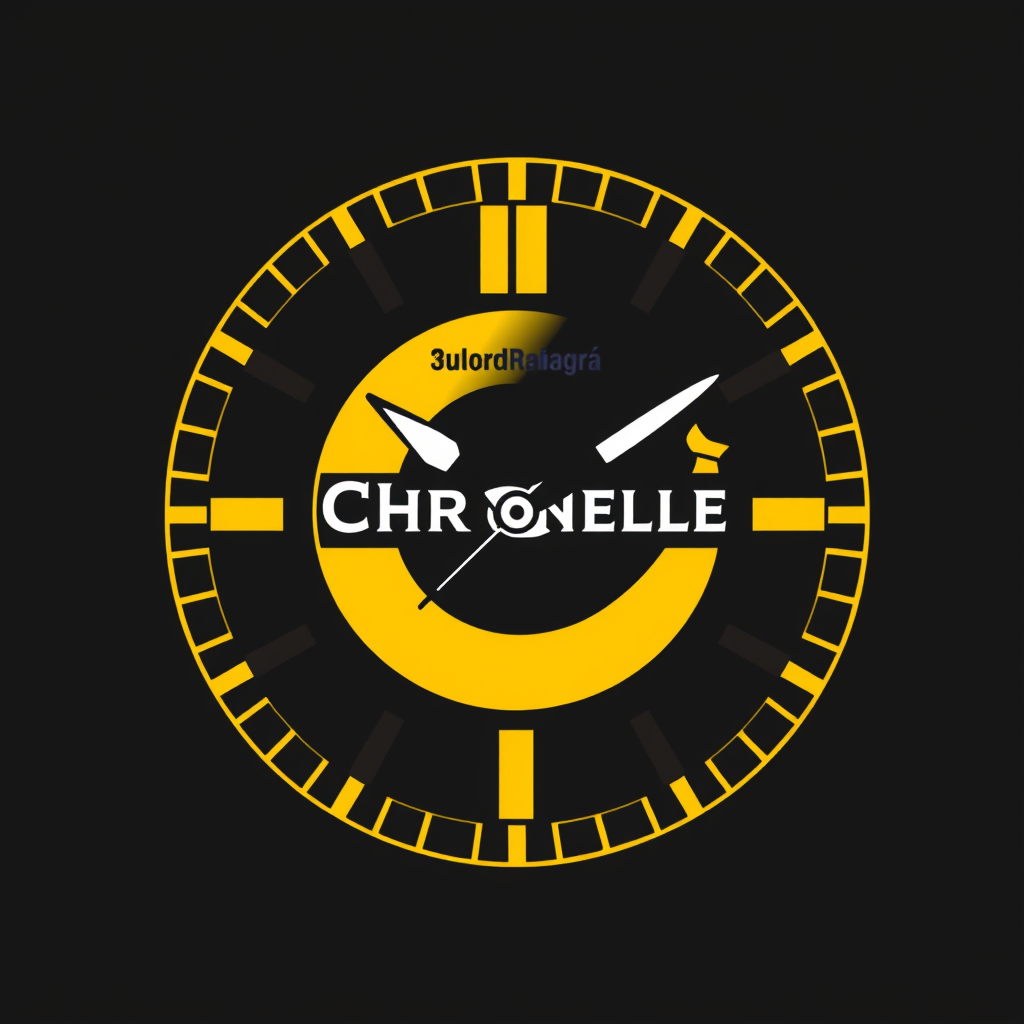 Main logo studio: un logo para chronelle una marca de reloj color amarillo banana y tonos grises y negros de fondo