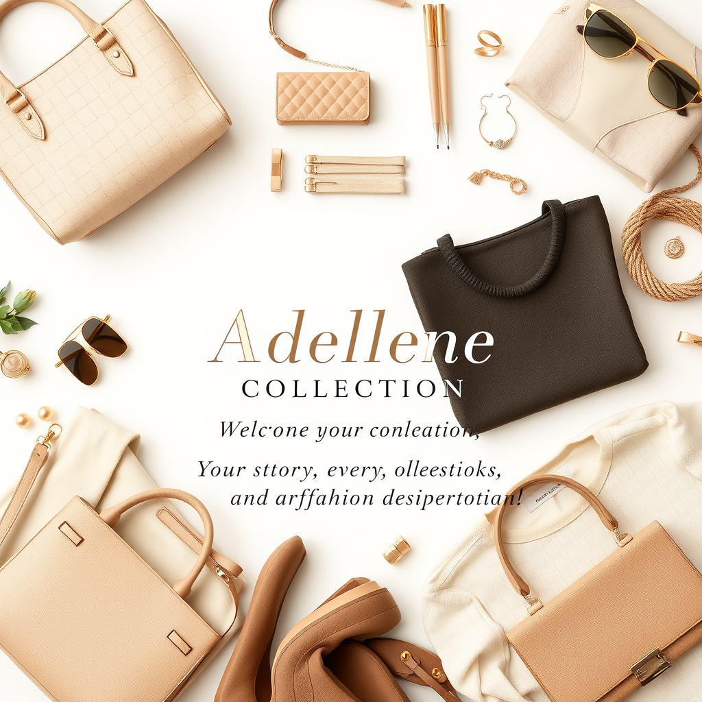 Main logo studio: Create an elegant and classy fashion boutique welcome image for a brand called “Adellene Collection.” Use a sophisticated neutral color palette featur