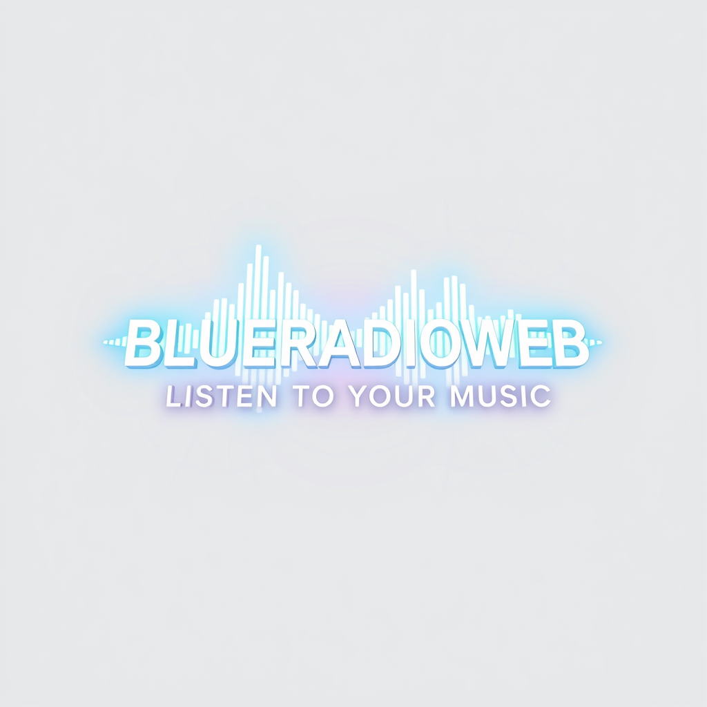 3D Logo idea: 3D logo for BLUERADIOWEB LISTEN TO YOUR MUSIC a music tech brand, 3D sound wave form, neon white blue glow , three-dimensional render, realistic depth