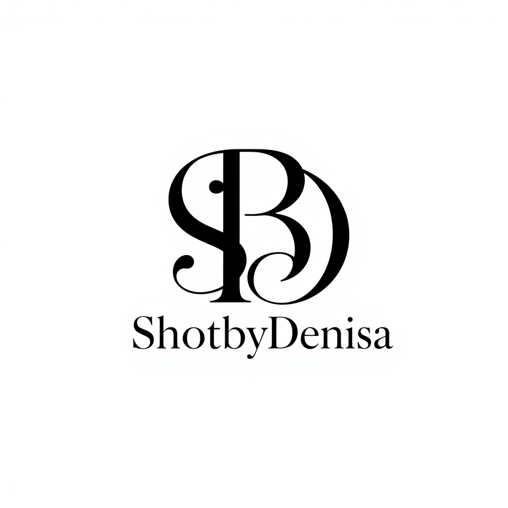 Monogram Logo idea: monogram logo combining the letters shotbydenisa, simple logo with elegant font, nothing extra, circle, white background, black text , elegant intertw