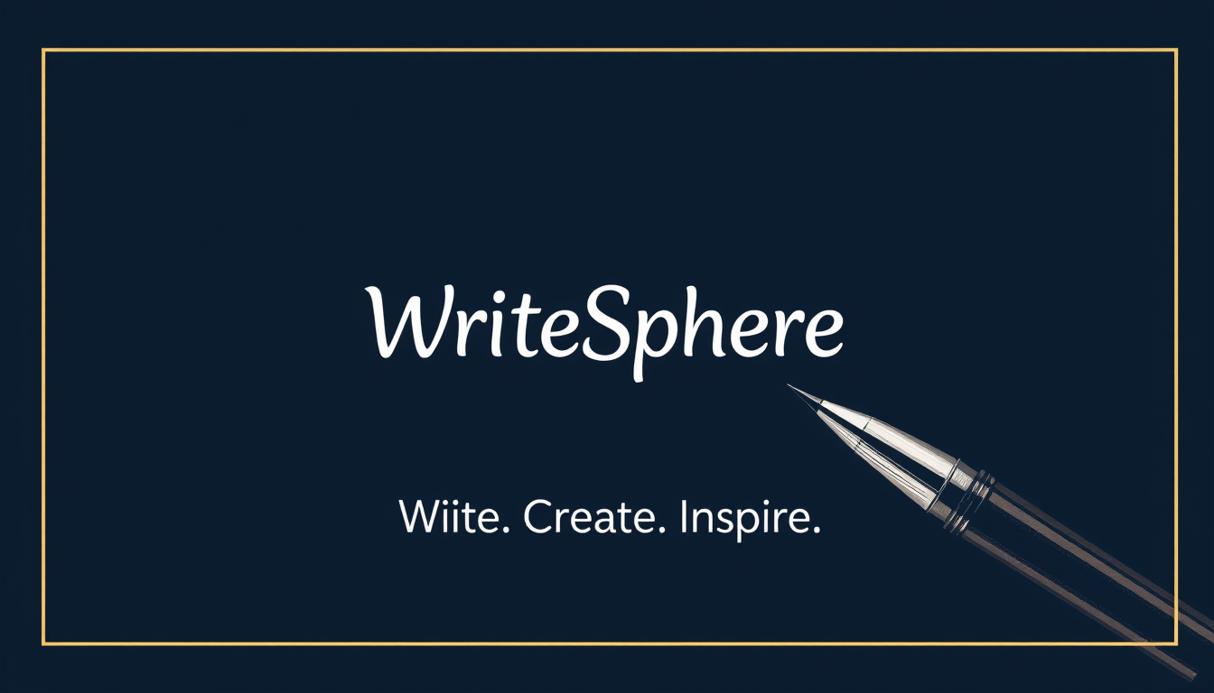 Main logo studio: YouTube banner for “WriteSphere”. Dark navy background, elegant pen and ink design, subtle creative writing elements. Add the tagline exactly: “Write.