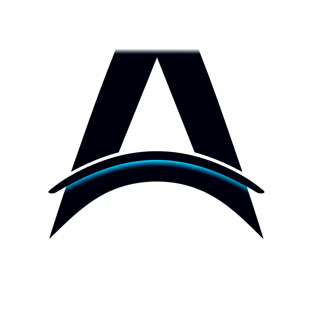 Main logo studio: Create a minimalist premium logo using ONLY a single capital letter “A”. The “A” must have NO horizontal bar in the middle; replace the bar with a smo