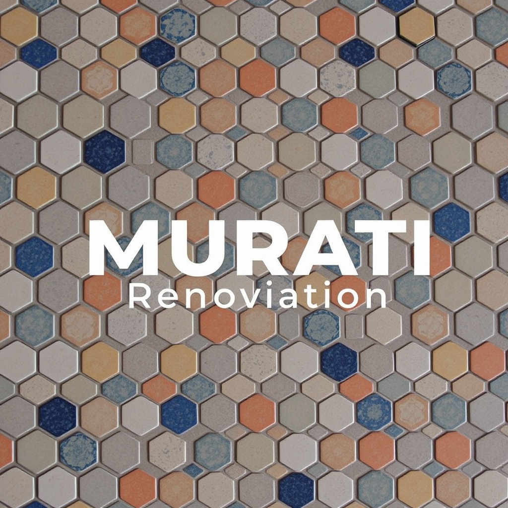 Main logo studio: Logo "MURATI Rénovation" en toutes lettres sur fond de mosaïque de carrelage octogonal multicolore